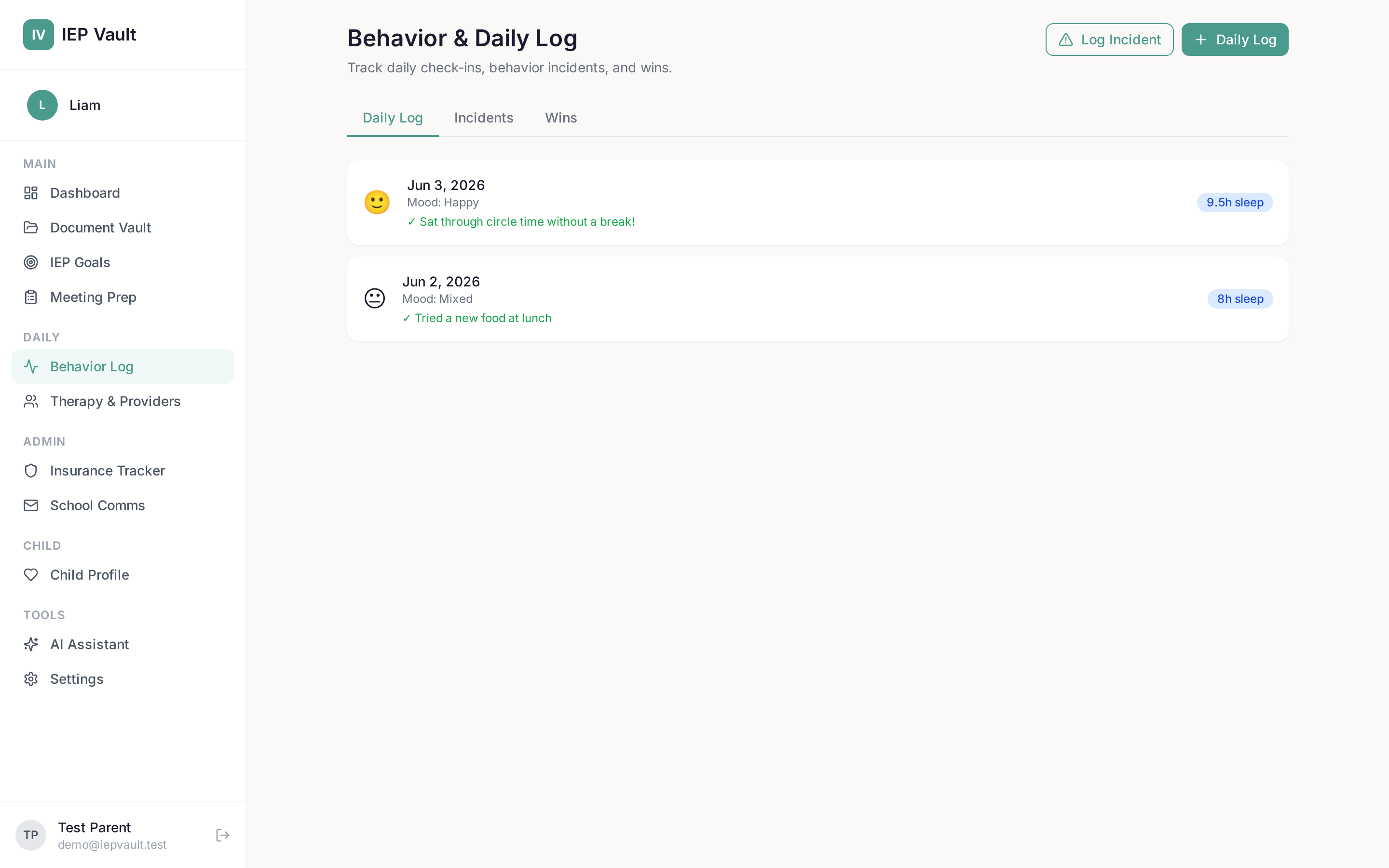 IEP Vault behavior and daily log